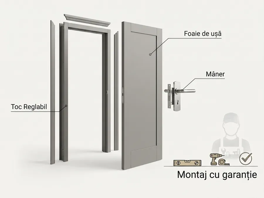 Compoziția prețului unei uși montate: foaie, toc reglabil, mâner